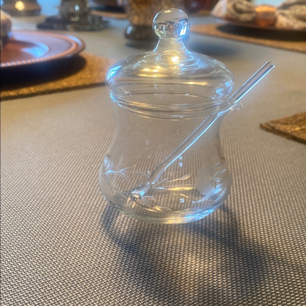 Princess House Crystal Elegant Sugar /Condiment Jar with Lid and Spoon
